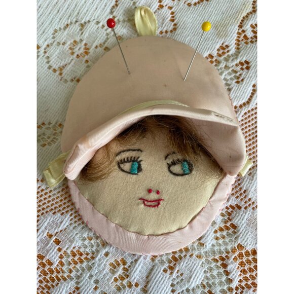 Antique 1930s Pincushion doll Face Embroidered  Silk Pink - Picture 3 of 15